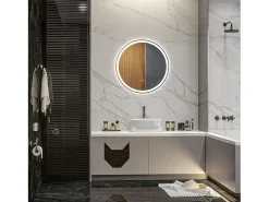 Espejo de baño LED, función táctil, antivaho, marco de aluminio, (Ø60x3 cm) Blanco Sale