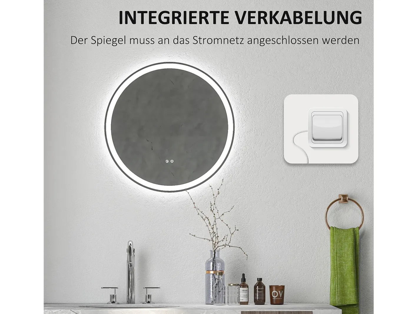 Espejo de baño LED, función táctil, antivaho, marco de aluminio, (Ø60x3 cm) Blanco Sale