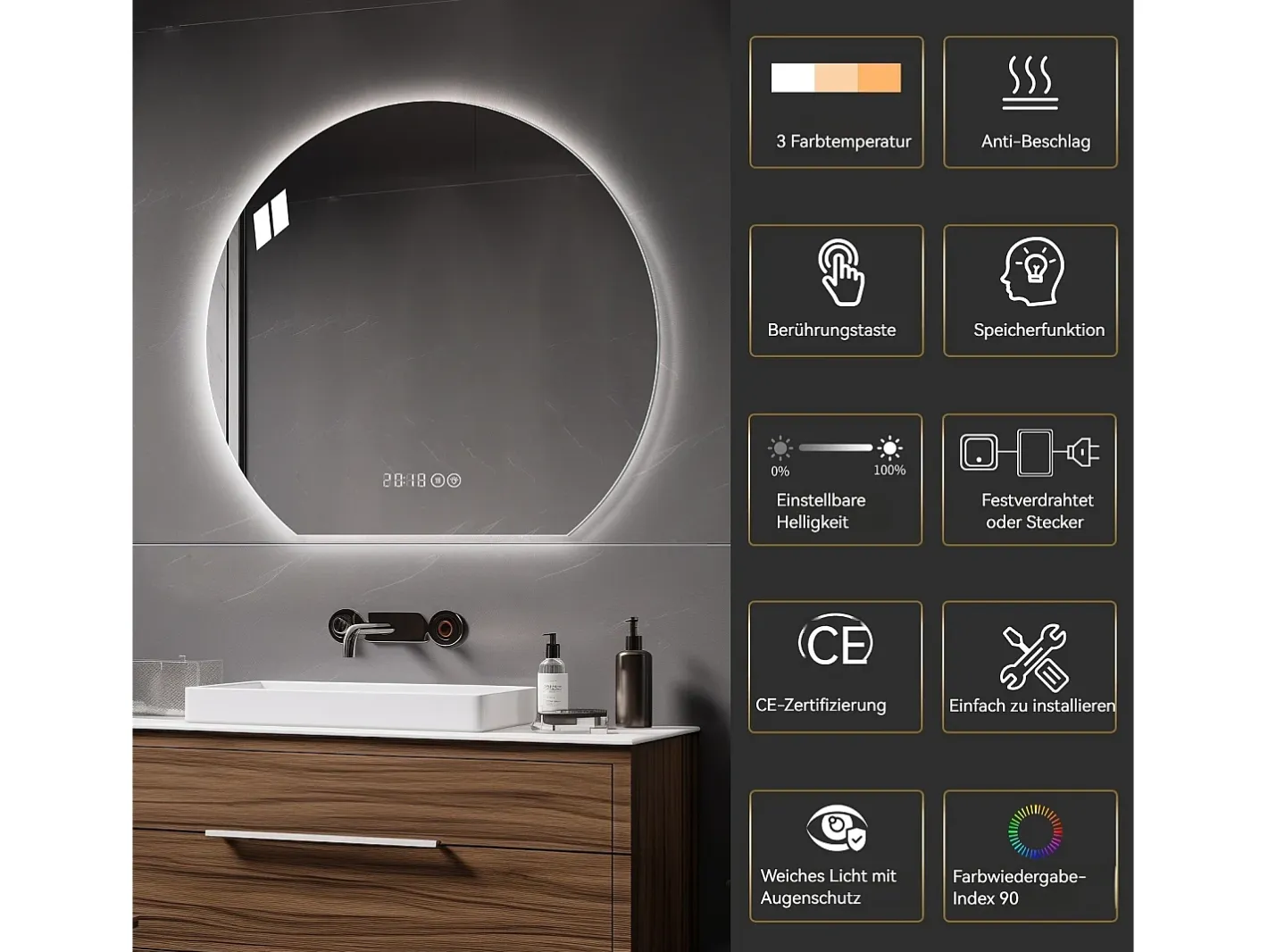 Hauss Spole Espejo de baño LED redondo, 80 cm, color plata con función antivaho - Cristal y metal Plateado Online