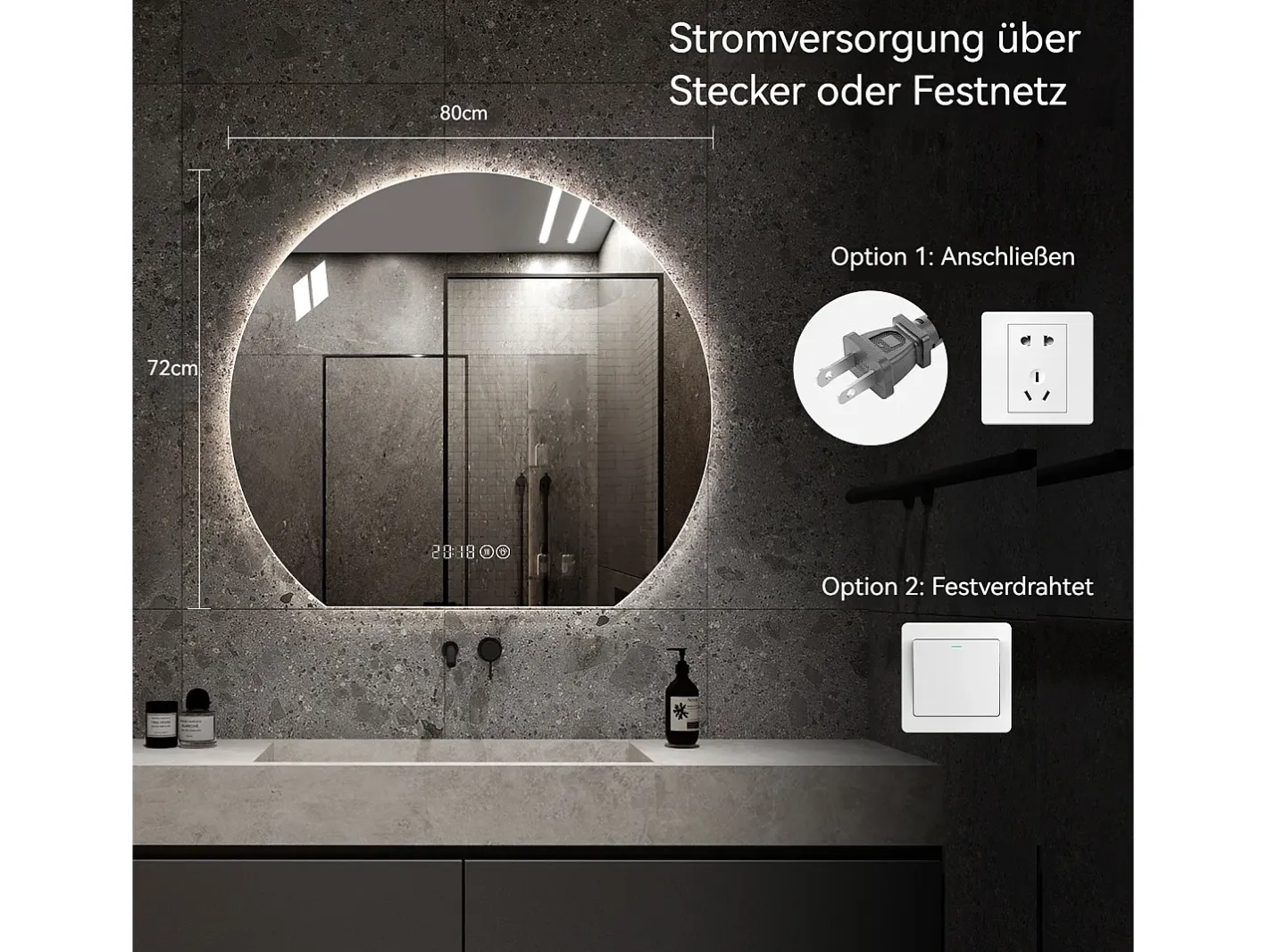 Hauss Spole Espejo de baño LED redondo, 80 cm, color plata con función antivaho - Cristal y metal Plateado Online