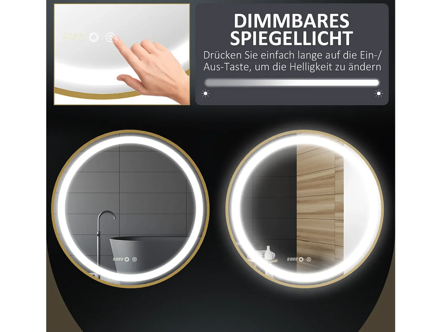 Discount Espejo de baño LED, regulable, función memoria, aluminio, (60x60 cm) Dorado