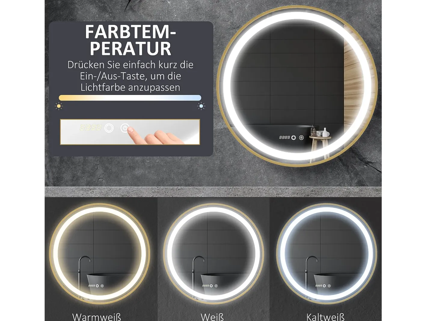 Discount Espejo de baño LED, regulable, función memoria, aluminio, (60x60 cm) Dorado