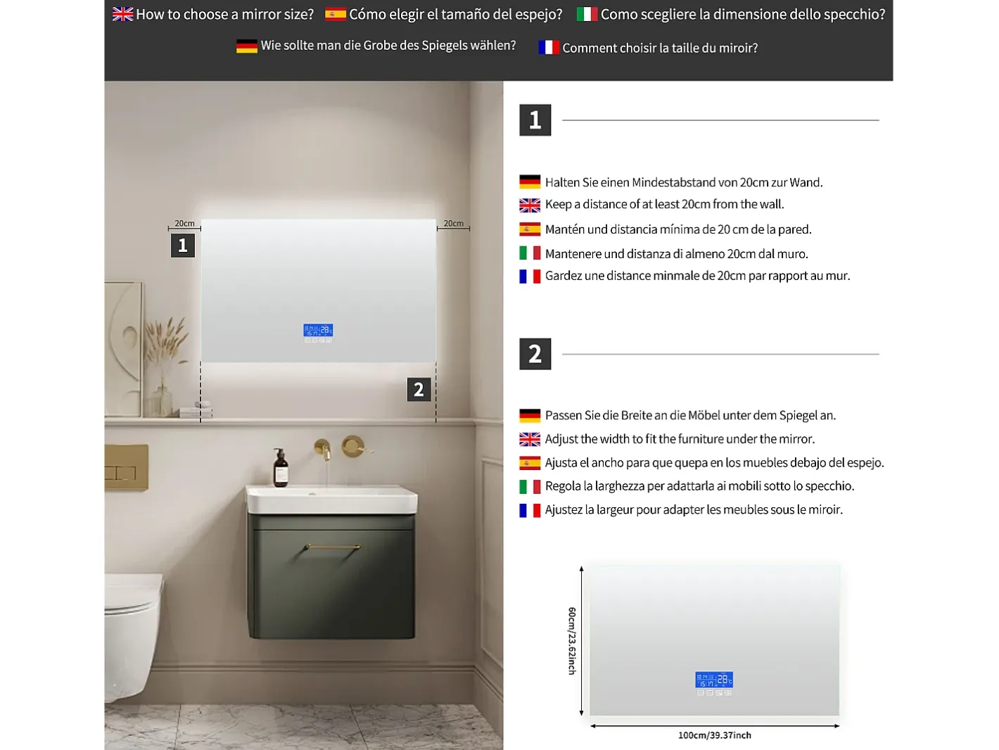 Espejo-Espejo de baño LED 100x60 cm - Iluminación, Táctil, Antivaho, Reloj, Temperatura, Regulable Transparente