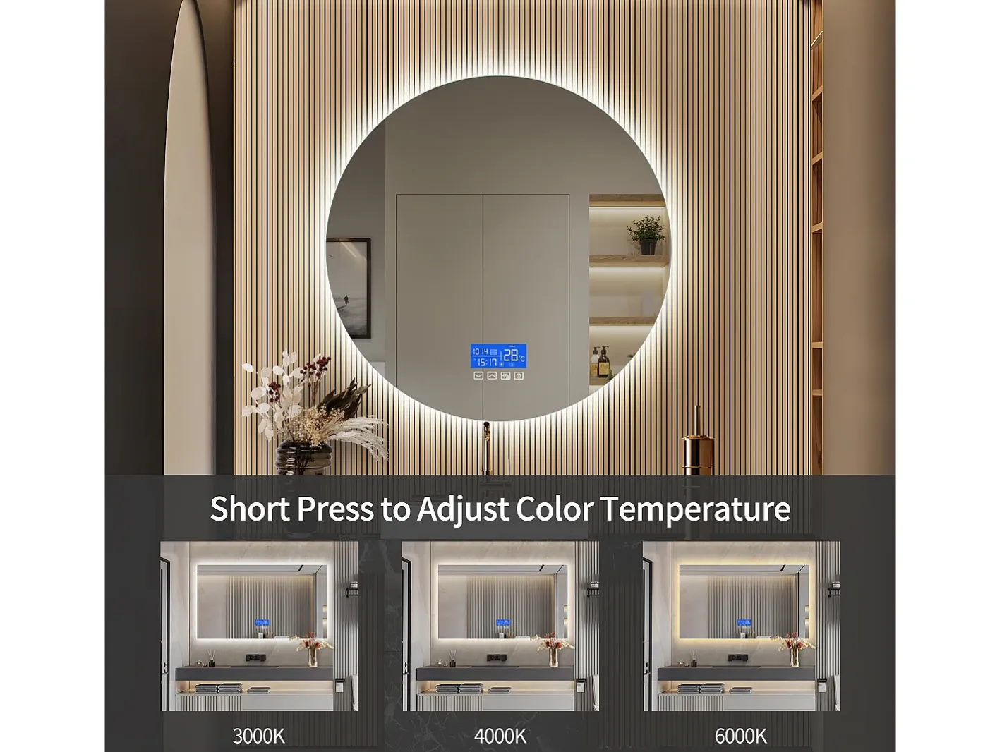 Espejo de baño, pantalla de temperatura, función antivaho, ajuste de brillo, D100CM Blanco Best