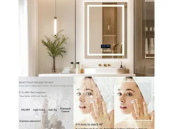 Fativo Espejo de baño rectangular iluminado con LED regulable y 4 botones táctiles - antivaho - 80x60cm Plateado