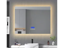 Espejo-Espejo de baño, 100x80cm, espejo LED con altavoz Bluetooth, iluminación ajustable, función antivaho, indicador de temperatura Blanco
