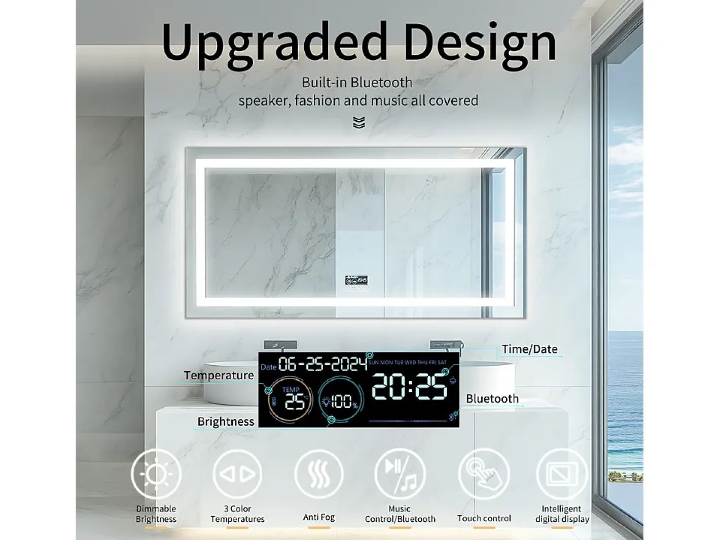Fativo Espejo-Espejo de baño 100x60cm LED regulable + antivaho + Bluetooth 5.2 + Reloj + 3 colores 4 botones Plateado