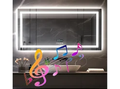 Fativo Espejo-Espejo de baño 100x60cm LED regulable + antivaho + Bluetooth 5.2 + Reloj + 3 colores 4 botones Plateado