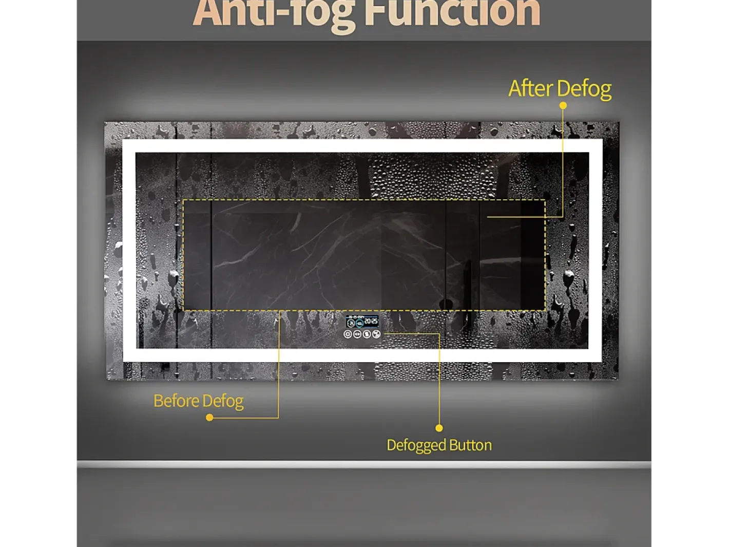 Fativo Espejo-Espejo de baño 100x60cm LED regulable + antivaho + Bluetooth 5.2 + Reloj + 3 colores 4 botones Plateado