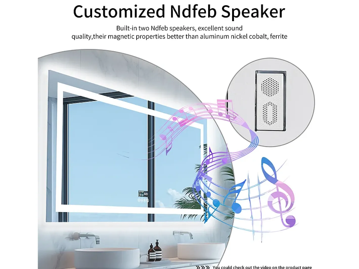 Fativo Espejo-Espejo de baño 100x60cm LED regulable + antivaho + Bluetooth 5.2 + Reloj + 3 colores 4 botones Plateado
