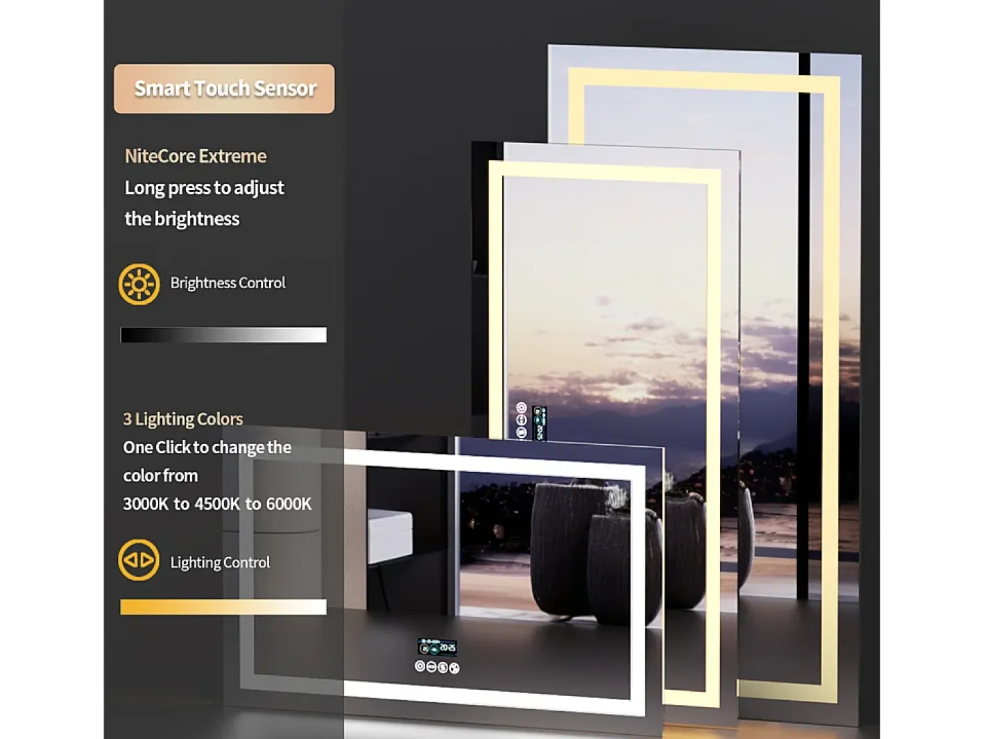 Fativo Espejo-Espejo de baño 100x60cm LED regulable + antivaho + Bluetooth 5.2 + Reloj + 3 colores 4 botones Plateado
