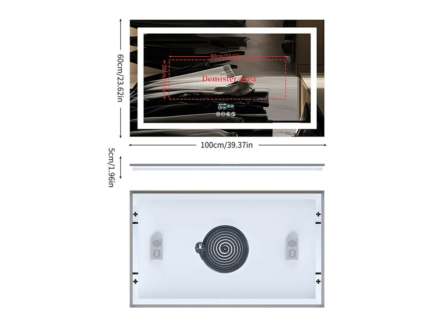 Fativo Espejo-Espejo de baño 100x60cm LED regulable + antivaho + Bluetooth 5.2 + Reloj + 3 colores 4 botones Plateado