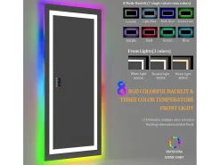 Hot Fativo Espejo de baño 140x70cm RGB y LED regulable + antivaho + Bluetooth 5.2 + Reloj + 3 colores 4 botones Plateado