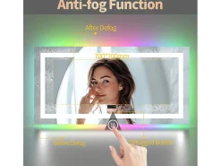 Hot Fativo Espejo de baño 140x70cm RGB y LED regulable + antivaho + Bluetooth 5.2 + Reloj + 3 colores 4 botones Plateado
