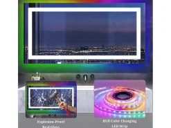 Hot Fativo Espejo de baño 140x70cm RGB y LED regulable + antivaho + Bluetooth 5.2 + Reloj + 3 colores 4 botones Plateado