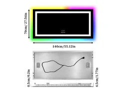 Hot Fativo Espejo de baño 140x70cm RGB y LED regulable + antivaho + Bluetooth 5.2 + Reloj + 3 colores 4 botones Plateado