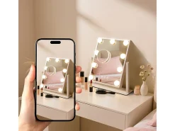 NETTLIFE Lámpara De Mesa-Espejo de maquillaje iluminado Hollywood Mirror - Espejo de tocador con 9 LED, espejo cosmético pequeño con luz giratoria de 3 modos Blanco