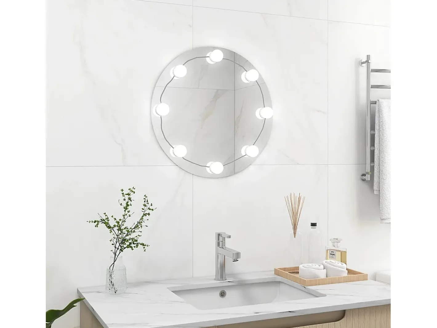 Espejo de pared con luces LED redondo de vidrio ES880948 Plateado Online