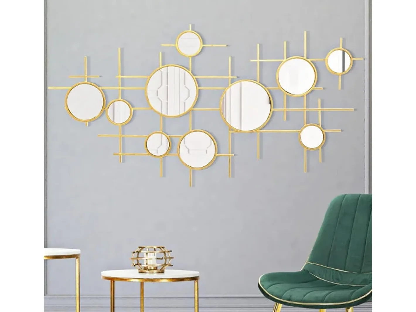 Espejo De Pared|Espejo-Espejo de pared geométrico con múltiples espejos redondos 117x61cm Gloxy Dorado