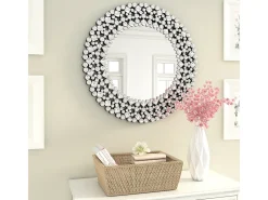 Espejo De Pared|Espejo-Espejo de pared redondo decorativo con detalles de cristal, marco de MDF y vidrio, (86 x 2,8 x 86 cm) Plateado