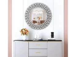 Espejo De Pared|Espejo-Espejo de pared redondo decorativo con detalles de cristal, marco de MDF y vidrio, (86 x 2,8 x 86 cm) Plateado