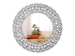 Espejo De Pared|Espejo-Espejo de pared redondo decorativo con detalles de cristal, marco de MDF y vidrio, (86 x 2,8 x 86 cm) Plateado