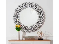 Espejo De Pared|Espejo-Espejo de pared redondo decorativo con detalles de cristal, marco de MDF y vidrio, (86 x 2,8 x 86 cm) Plateado