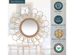 Atmosphera Espejo de pared redondo Flor en ratán 56 cm con espejo central de 23,5 cm para fijar en la pared Beige New