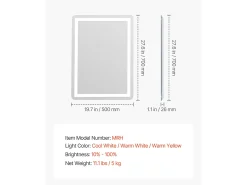 Clearance Espejo de Pared SucceBuy, 50 x 70 cm, Espejo de Baño LED, Montaje en Pared, Antiniebla, 3 Colores de Temperatura Ajustables Blanco