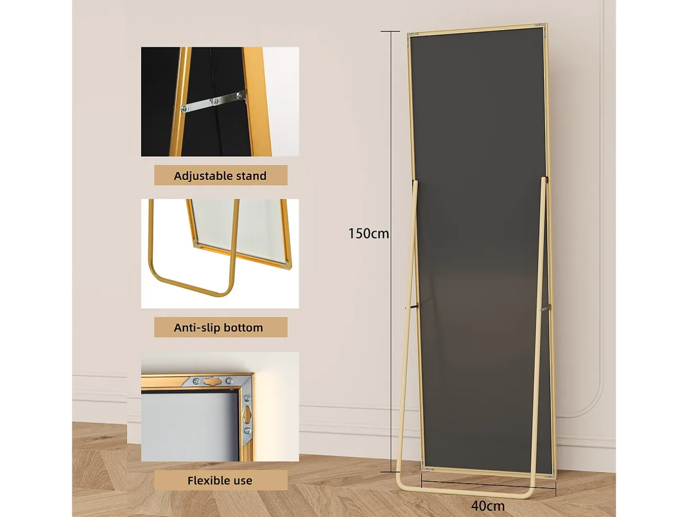 Espejo de pie 150 x 40 cm, marco de aleación de aluminio de alta calidad, montaje en pared y ajustable, Dorado Discount