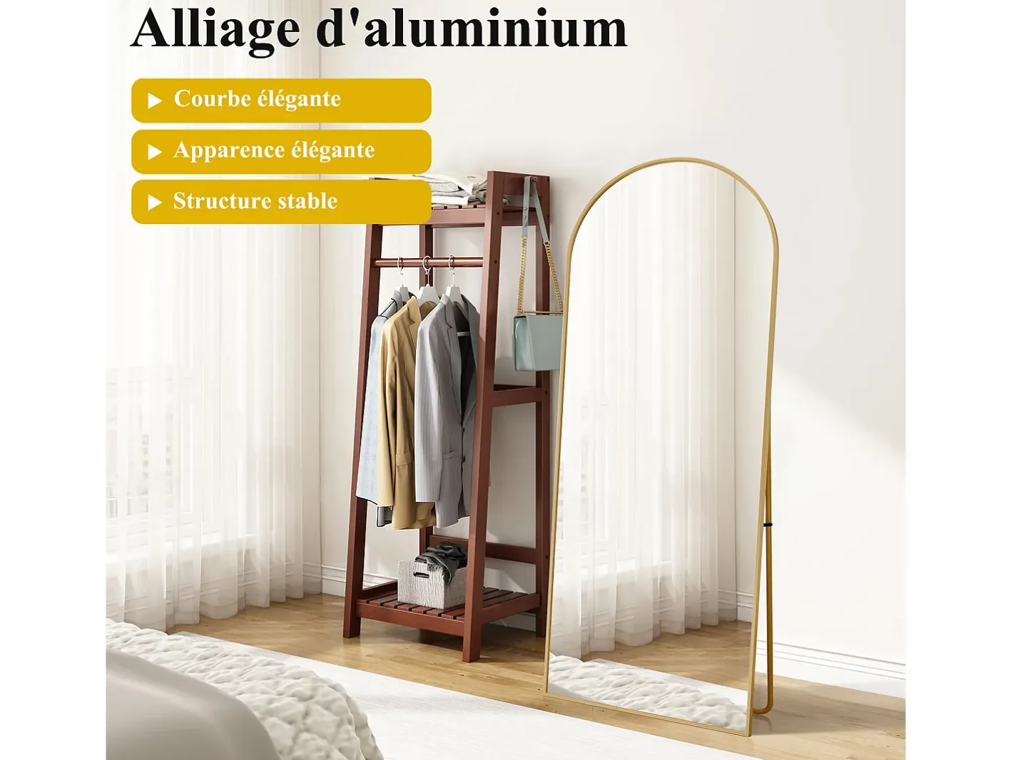 Espejo de pie arqueado 177×77 cm con marco – Diseño elegante y vintage, versátil (colgar o colocar) Dorado New