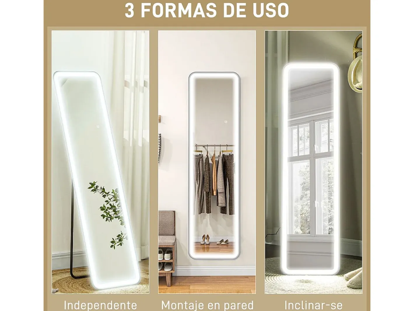 Homcom Espejo de pie Atlantis luz LED ajustable 150x40 cm Negro Discount