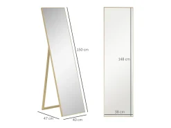New Espejo de pie con consola efecto madera, marco de MDF, color plata y madera clara (40x35x147cm) Plateado
