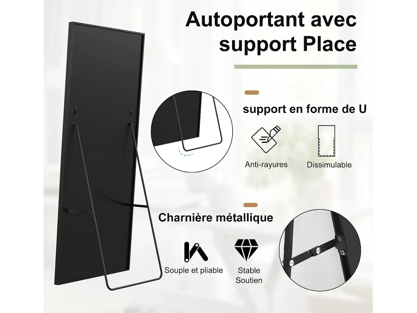 Espejo de pie rectangular 174×63 cm con marco – Diseño minimalista y moderno Negro Sale