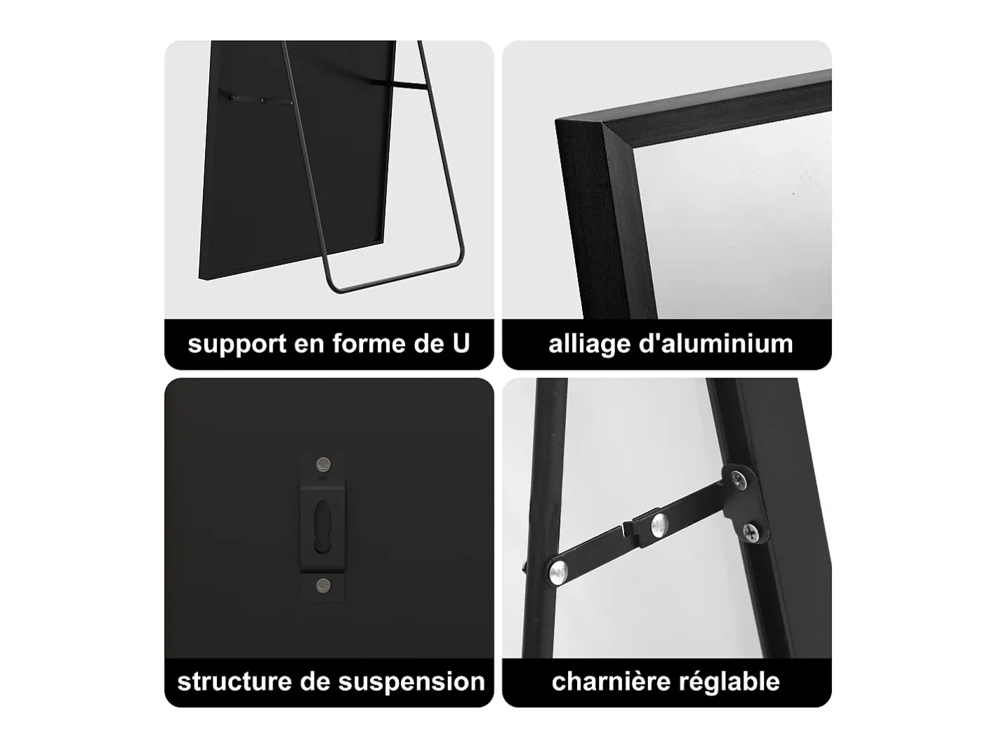 Espejo-Espejo de pie rectangular 177×77 cm con marco – Diseño minimalista y moderno Negro
