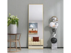 Espejo-Espejo de pie rectangular con marco de metal HD Espejo de suelo grande para sala de estar, dormitorio y vestidor Espejo 162x53cm Dorado