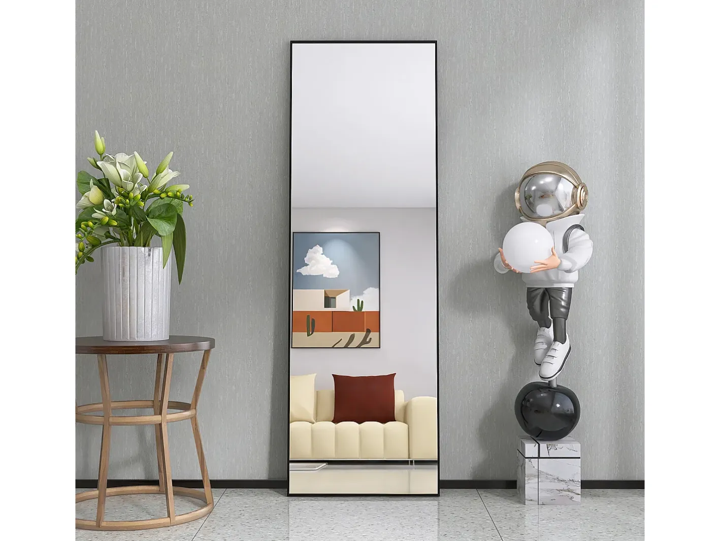 Espejo-Espejo de pie rectangular con marco de metal HD Espejo de pie grande para sala de estar, dormitorio y vestidor Espejo 165x60cm Negro