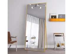 Hot Espejo de pie rectangular con marco de metal HD Espejo de pie grande para sala de estar, dormitorio y vestidor Espejo 180x80cm Dorado