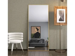 Hot Espejo de pie rectangular con marco de metal HD Espejo de pie grande para sala de estar, dormitorio y vestidor Espejo 180x80cm Dorado
