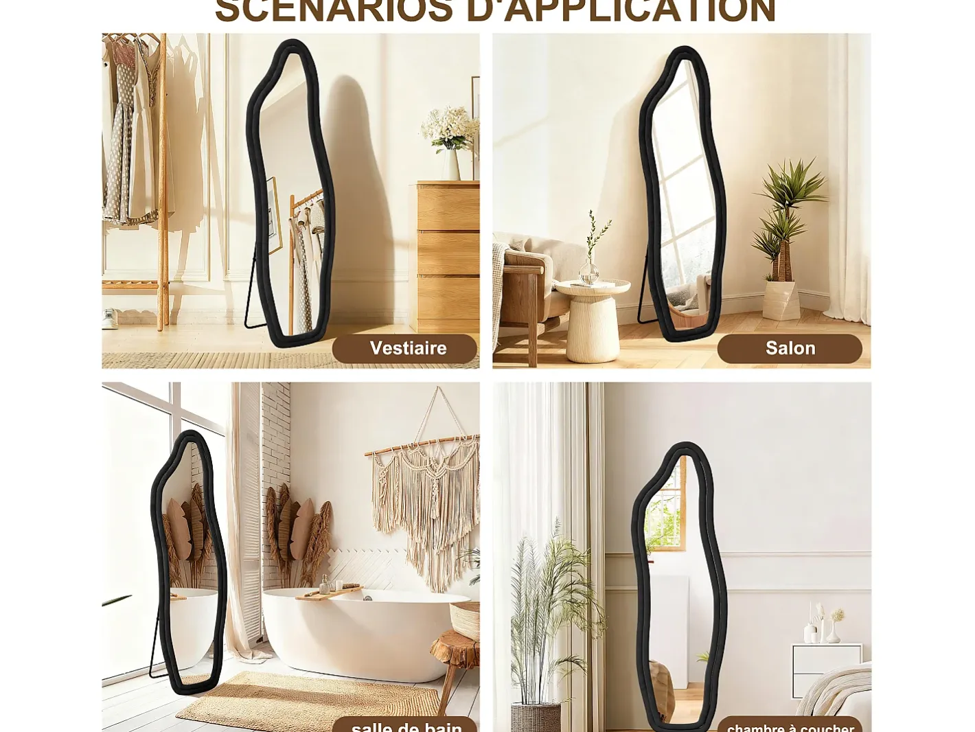 Espejo-Espejo irregular 160×50 cm con marco de terciopelo – Diseño moderno, vidrio templado HD – Negro