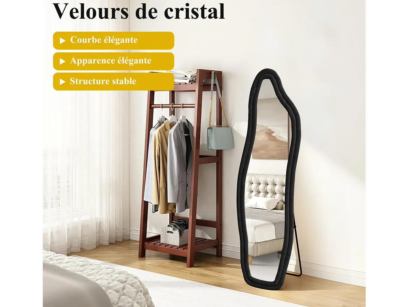 Espejo-Espejo irregular 160×50 cm con marco de terciopelo – Diseño moderno, vidrio templado HD – Negro