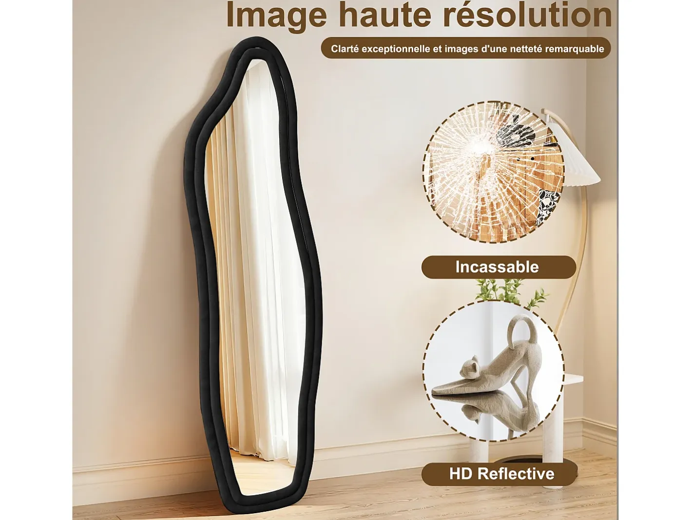 Espejo irregular 140×45 cm con marco de terciopelo – Diseño moderno, vidrio templado HD – Negro Discount