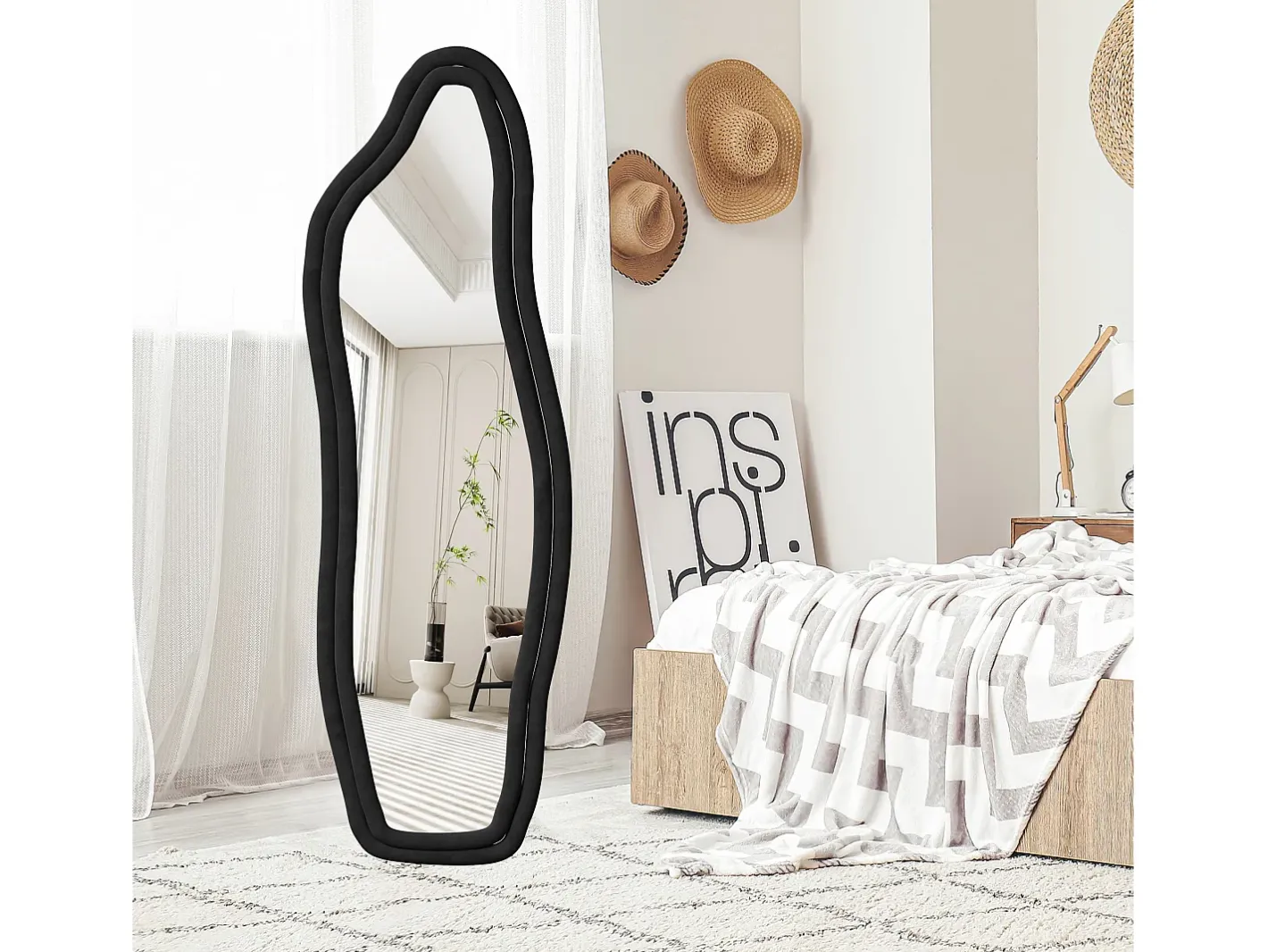 Espejo irregular 140×45 cm con marco de terciopelo – Diseño moderno, vidrio templado HD – Negro Discount