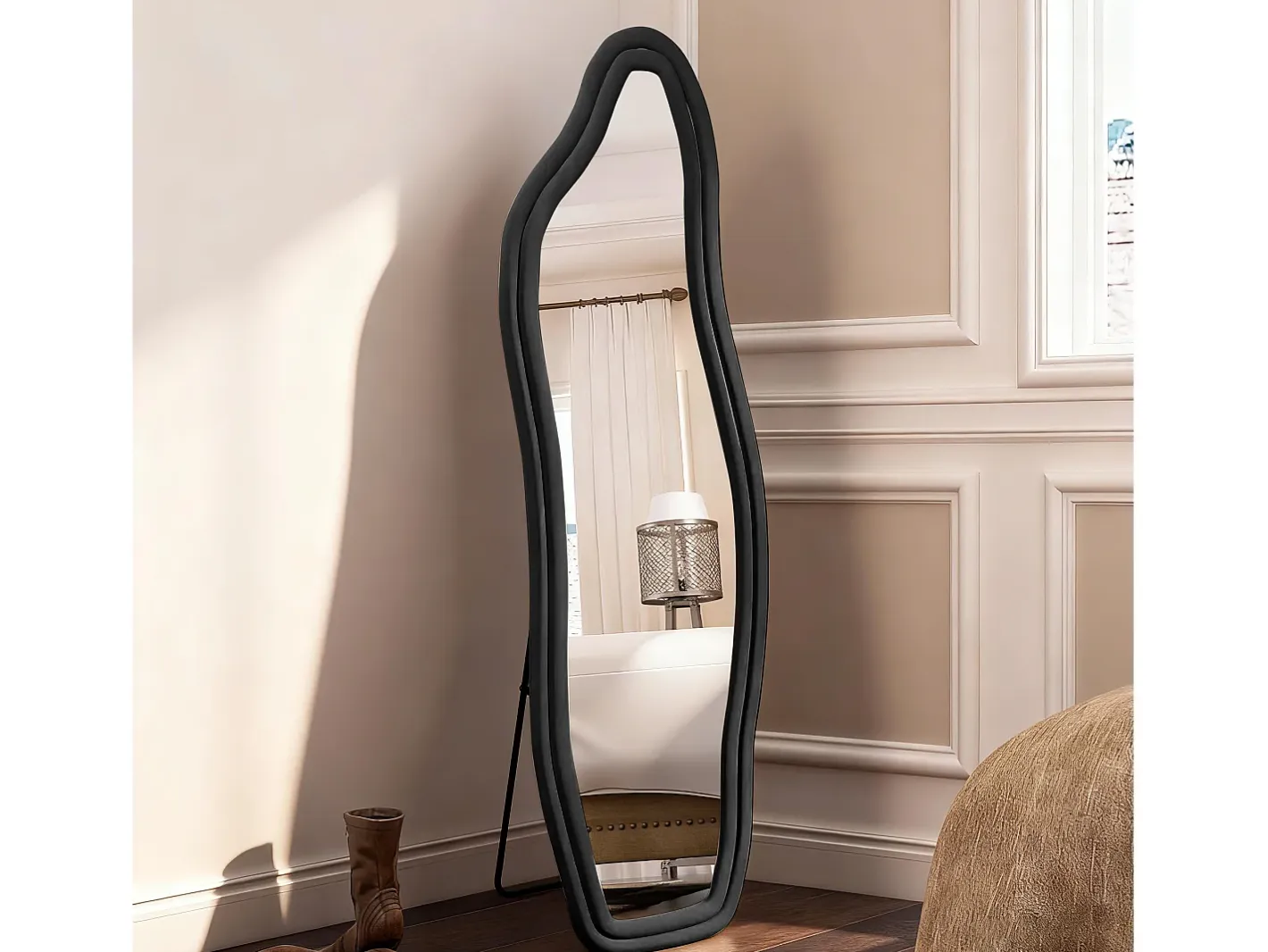 Espejo irregular 160×50 cm con marco de terciopelo – Diseño moderno, vidrio templado HD – Negro Sale