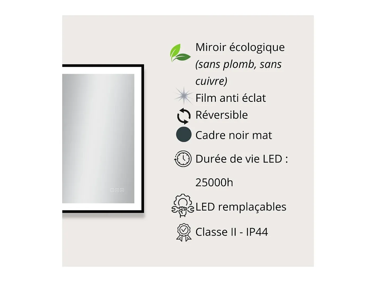Espejo LED rectangular L60/80/120cm con marco de aluminio mate VELUNA Negro Online