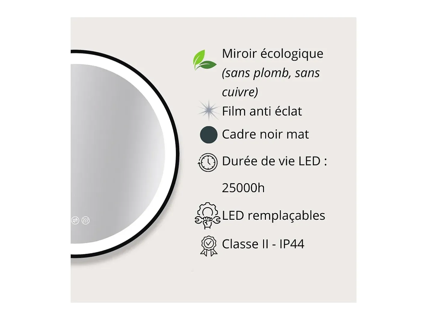 Espejo LED redondo D60/120cm con marco de aluminio AUREYA Negro Hot