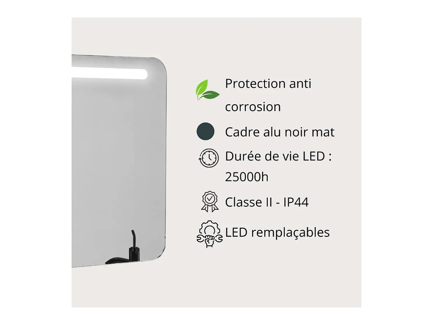 Espejo-Espejo LED Zoé 60x70 cm marco de aluminio mate, luz natural 4000K, LED Samsung reemplazables, diseño compacto para baño Negro