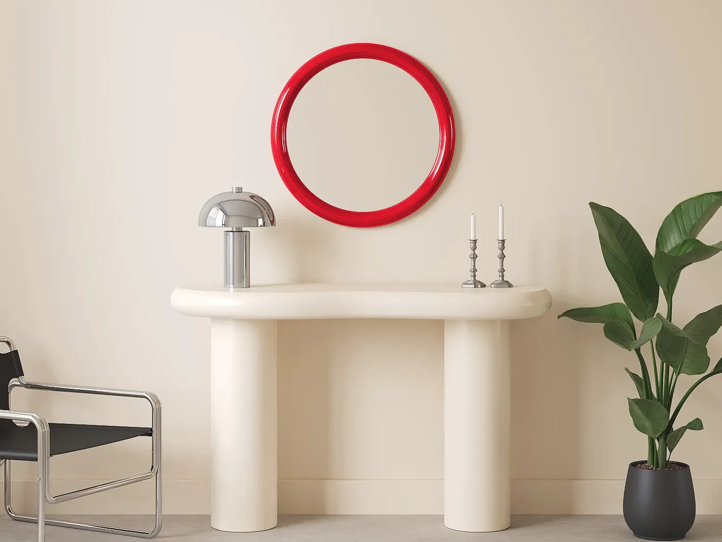 OZAIA Espejo mural redondo de madera de paulonia, D.60 cm, brillante, MAELO Rojo Best