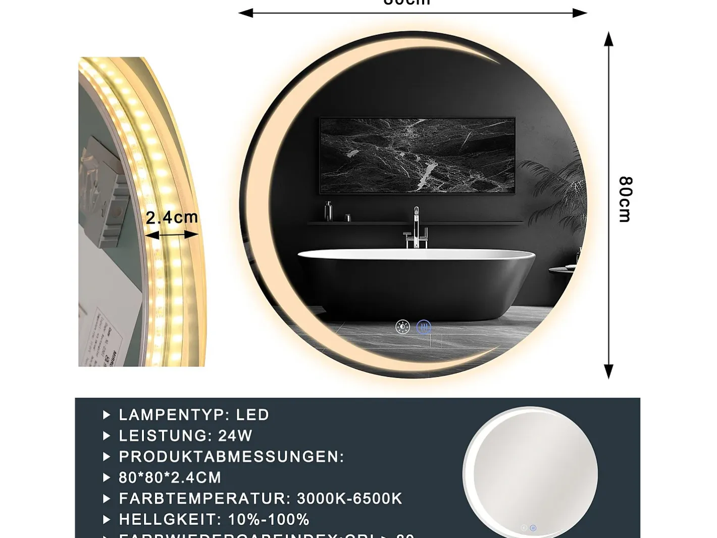 NETTLIFE Espejo con Iluminación Espejo de Baño Redondo LED Espejo de Baño IP44 80cm Espejo de Baño Redondo con Táctil Plateado Clearance