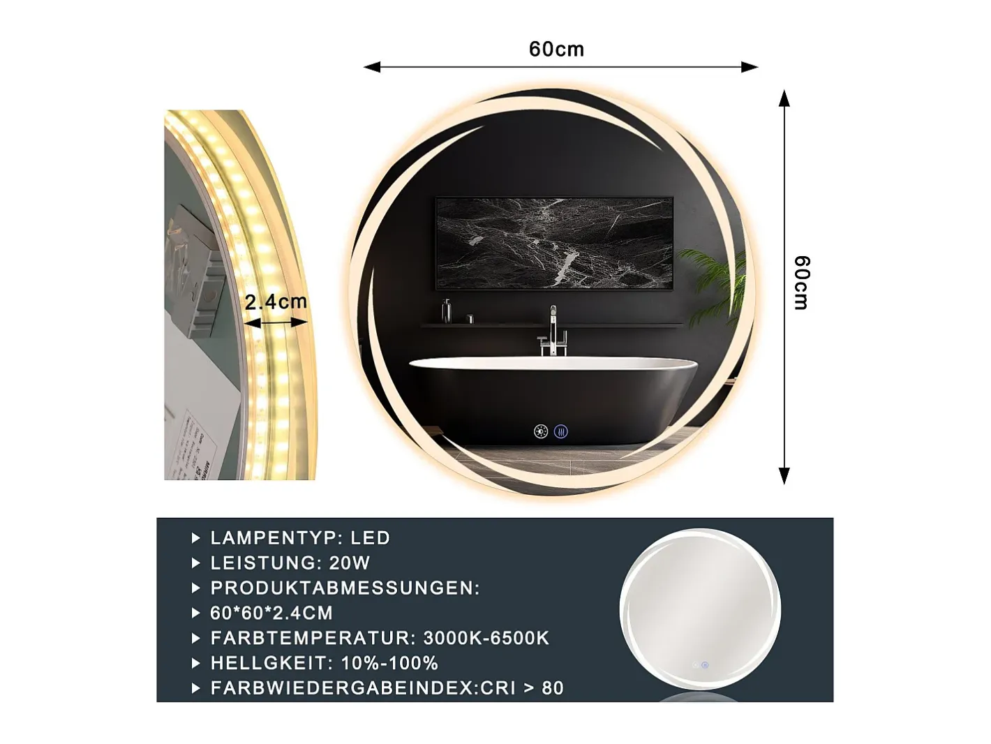 NETTLIFE Espejo-Espejo con Iluminación Espejo de Baño Redondo LED Espejo de Baño 60cm Redondo IP44 Espejo de Baño con Táctil Plateado